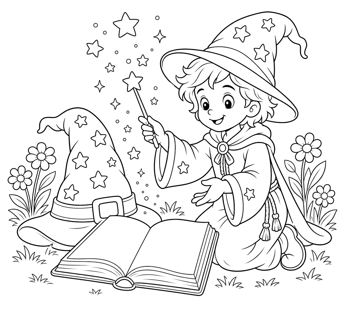 Mago con sombrero mágico y libro de hechizos para colorear
