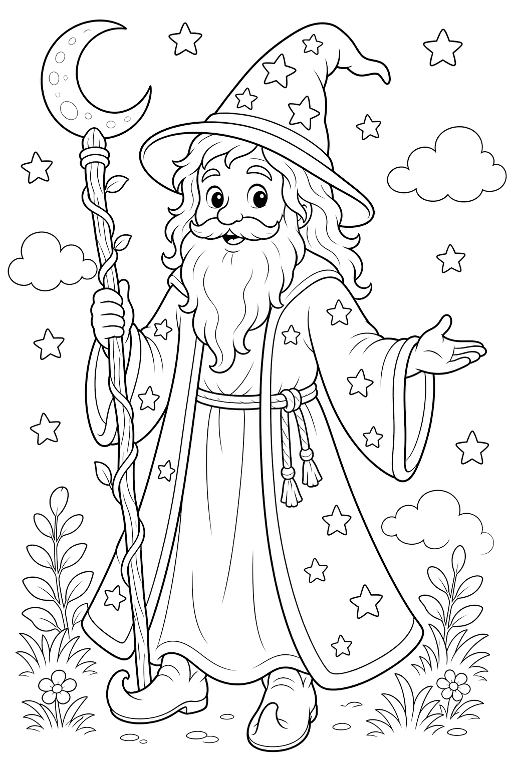 Mago con bastón de luna para colorear