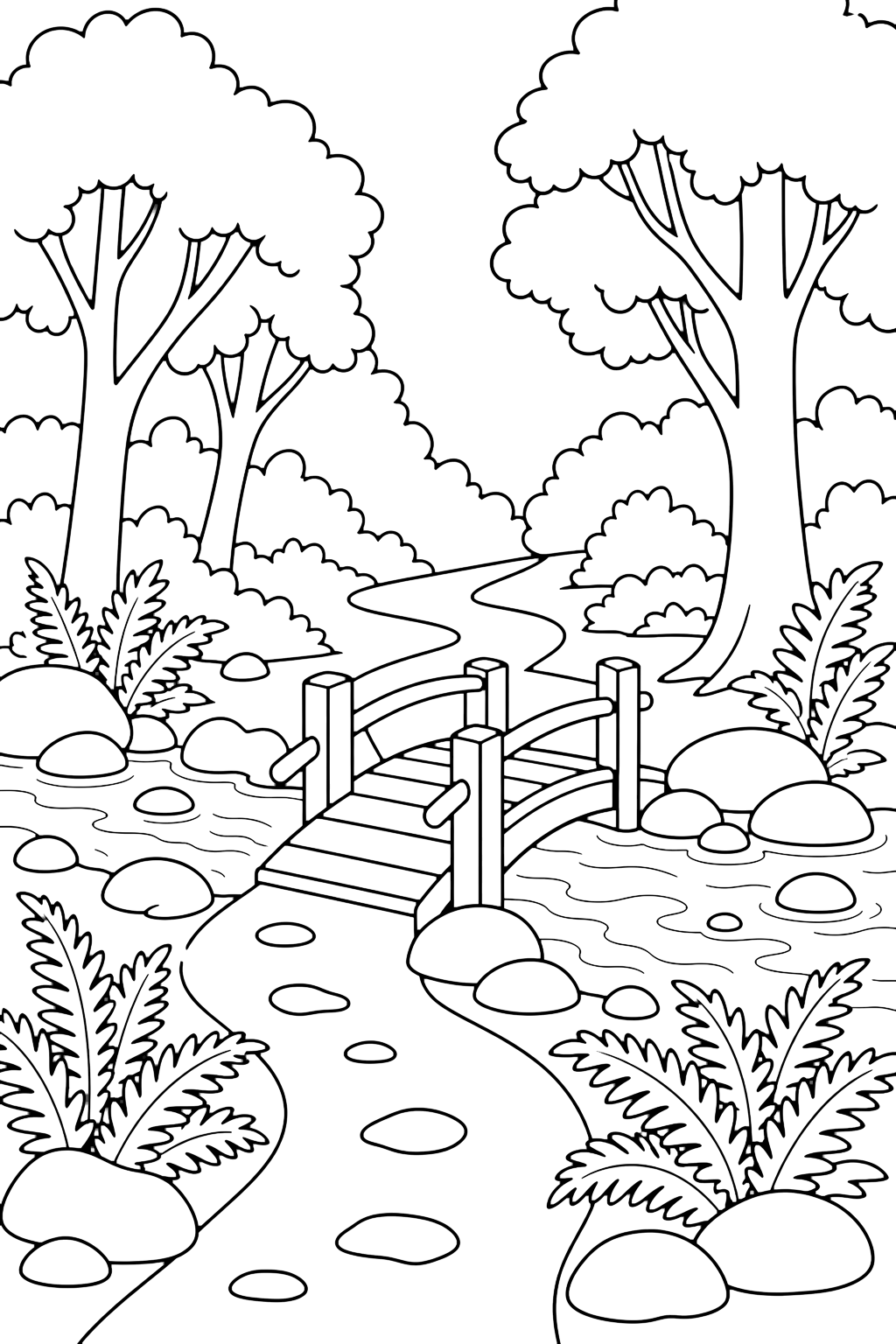woodland bridge path coloring page with a path crossing a small wooden bridge in the woods with trees, stones, ferns, and a shallow creek for kids