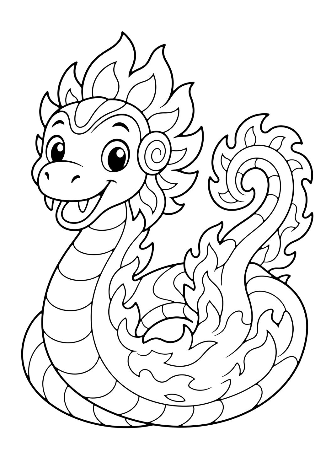 Xiuhcoatl fire serpent coloring page with a cute Xiuhcoatl fire serpent with a friendly face, simple flame-shaped crest, rounded body sections, and a curled tail for kids