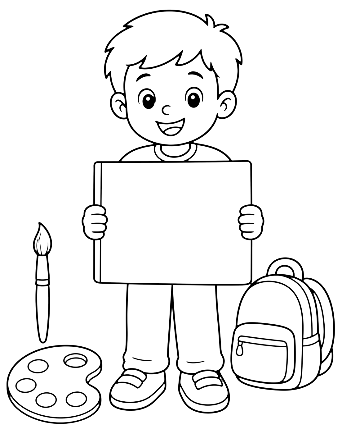 Dibujo para colorear con un niño de primer grado sostiene una carpeta grande de arte en blanco, con pincel, paleta y mochila cerca. Ideal para niños, actividades escolares, impresión y coloreado online.