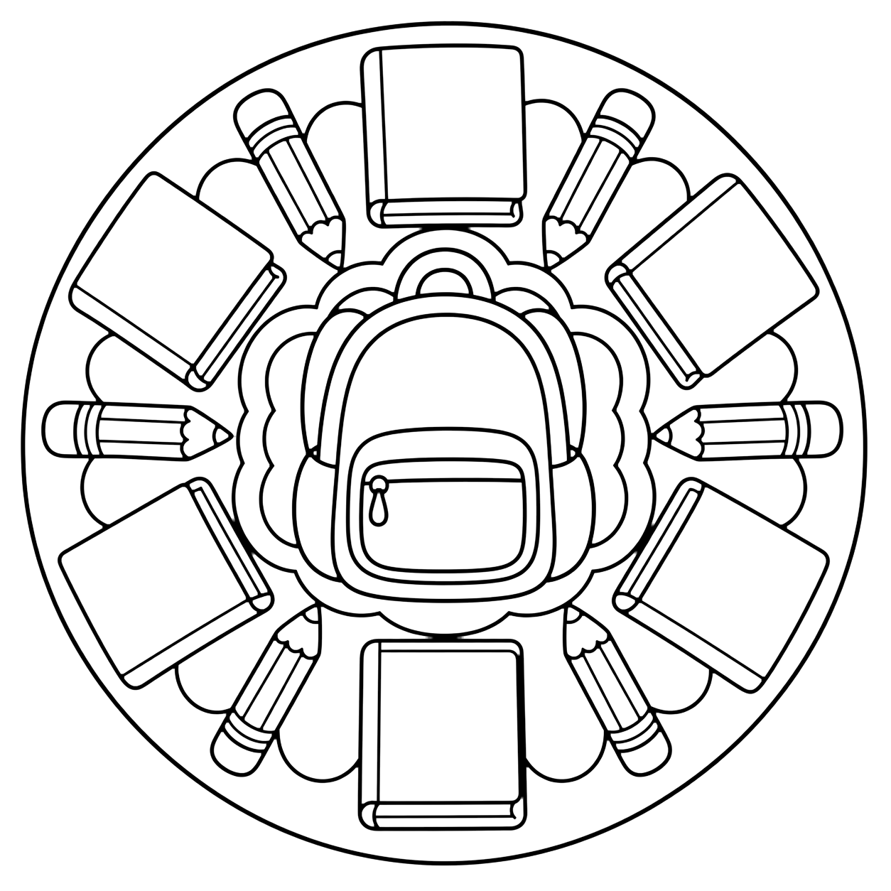 Dibujo para colorear con una mandala redonda sencilla con mochila grande en el centro y libros de portada en blanco y lápices alrededor. Ideal para niños, actividades escolares, impresión y coloreado online.