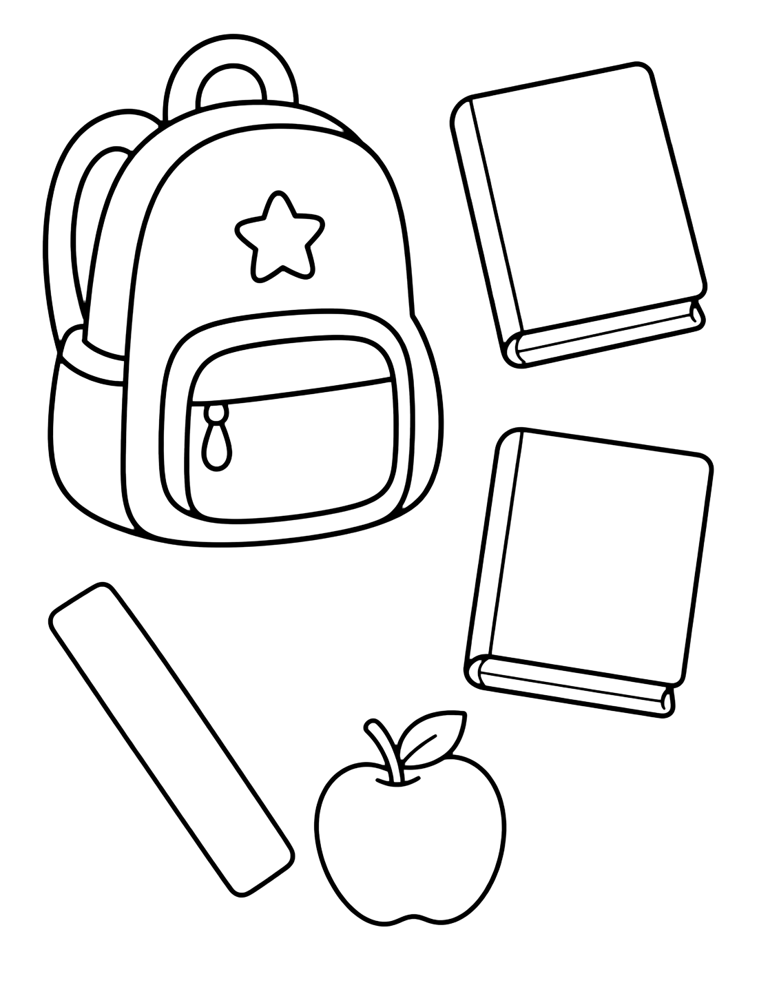Dibujo para colorear con una mochila grande, dos libros de portada en blanco, una regla sin marcas y una manzana con amplio espacio. Ideal para niños, actividades escolares, impresión y coloreado online.