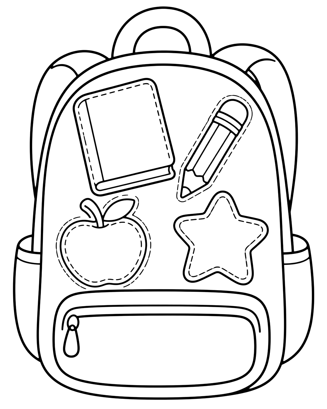 Ausmalbild mit ein großer Rucksack der 1. Klasse mit vier Doodle-Aufnähern: leeres Buch, Bleistift, Apfel und Stern. Geeignet für Kinder, Schulstart, Ausdrucke und Online-Ausmalen.