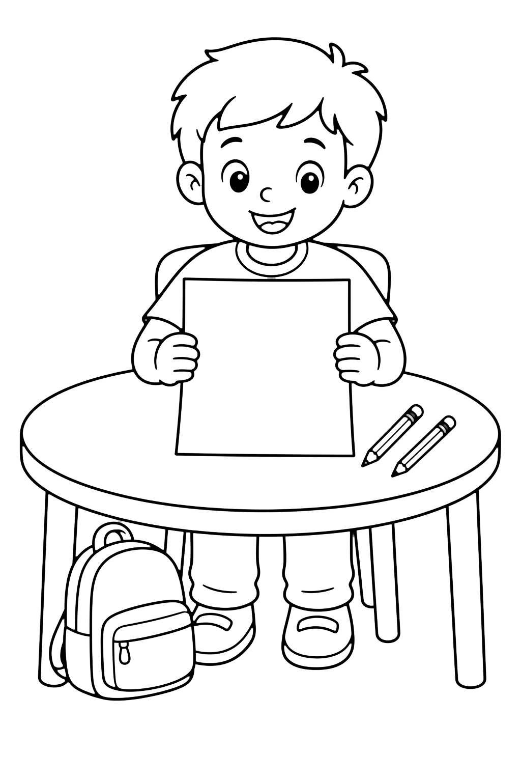 Ausmalbild mit ein Kind der 1. Klasse hält ein großes leeres Arbeitsblatt am Tisch, mit Rucksack darunter und zwei Bleistiften daneben. Geeignet für Kinder, Schulstart, Ausdrucke und Online-Ausmalen.