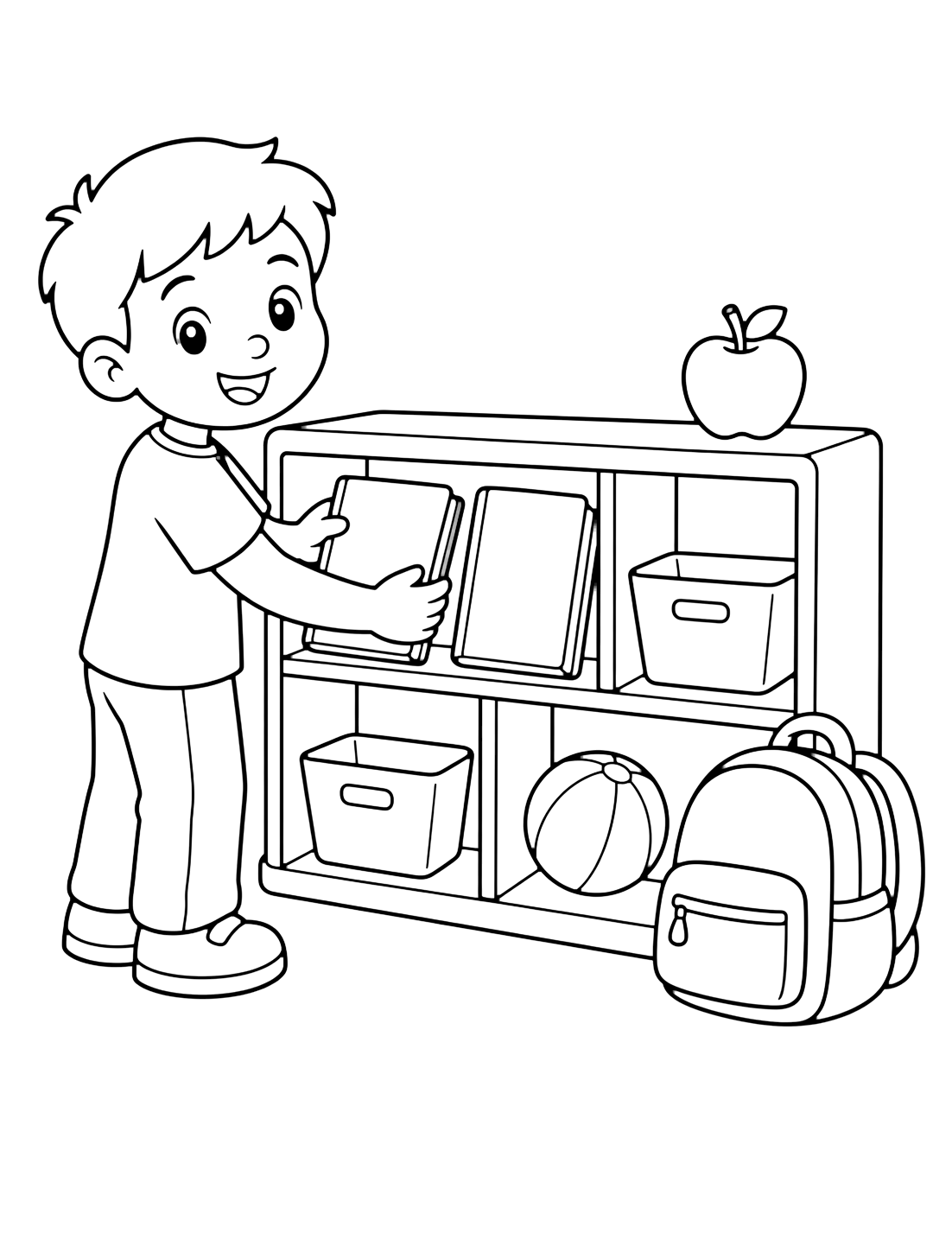 Ausmalbild mit ein Kind der 1. Klasse stellt leere Bücher in ein niedriges Regal, daneben ein Rucksack und oben ein kleiner Apfel. Geeignet für Kinder, Schulstart, Ausdrucke und Online-Ausmalen.