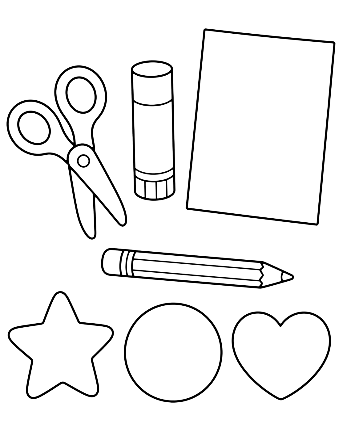 Ausmalbild mit Sicherheitsschere, Klebestift, leeres Blatt, drei große Papierformen und ein Bleistift mit viel Abstand. Geeignet für Kinder, Schulstart, Ausdrucke und Online-Ausmalen.