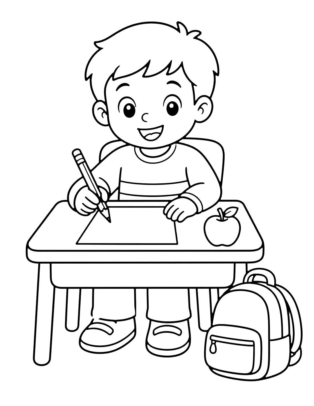 Dibujo para colorear con un niño sonriente de primer grado en un pupitre con lápiz, hoja en blanco, mochila junto al pupitre y una manzana pequeña. Ideal para niños, actividades escolares, impresión y coloreado online.