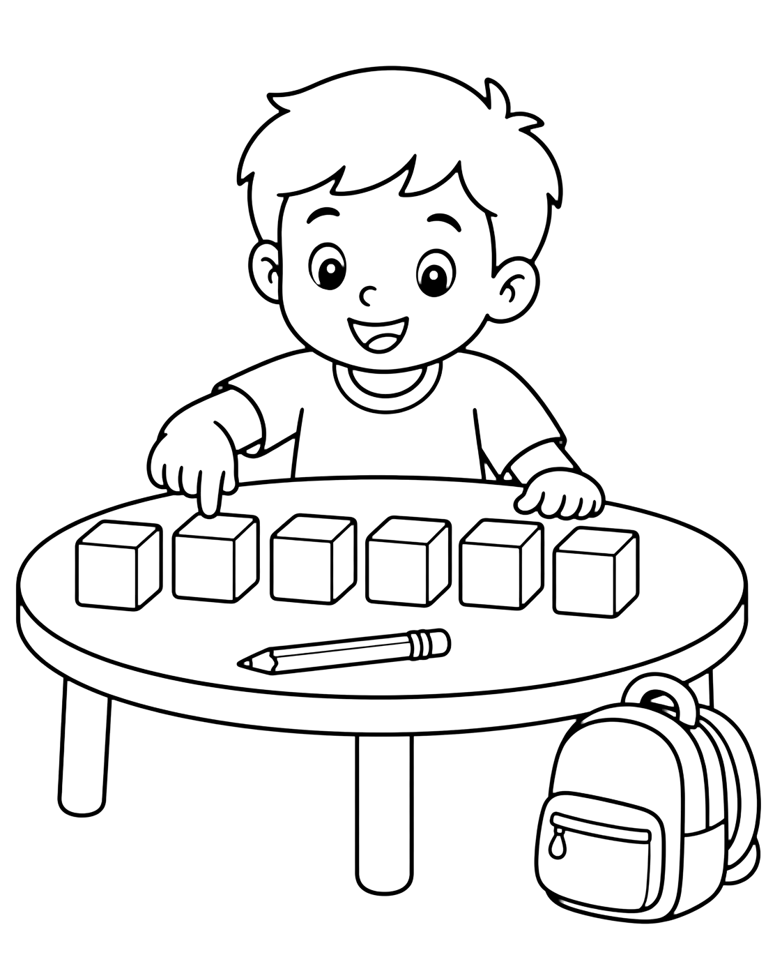 Ausmalbild mit ein Kind der 1. Klasse an einem niedrigen Tisch mit sechs großen leeren Würfeln, einem Bleistift und kleinem Rucksack. Geeignet für Kinder, Schulstart, Ausdrucke und Online-Ausmalen.