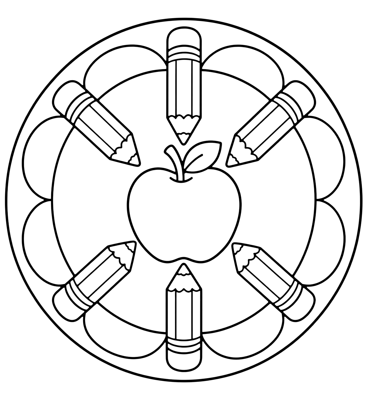 Dibujo para colorear con una mandala redonda sencilla con una manzana grande en el centro y lápices grandes alrededor como pétalos. Ideal para niños, actividades escolares, impresión y coloreado online.