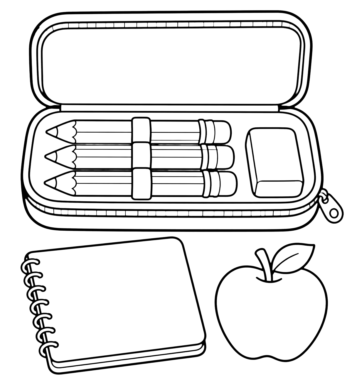 Dibujo para colorear con un estuche abierto con tres lápices grandes, una goma, un cuaderno en blanco y una manzana con mucho espacio. Ideal para niños, actividades escolares, impresión y coloreado online.