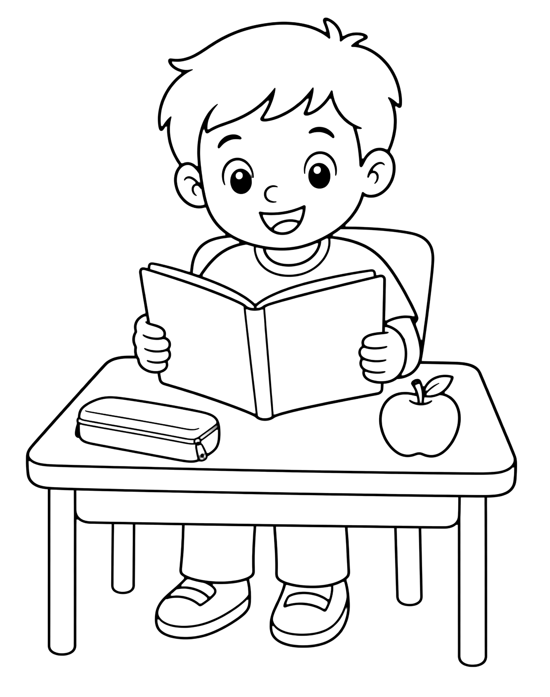 Dibujo para colorear con un niño de primer grado lee un libro abierto con páginas en blanco en un pupitre pequeño, con estuche y manzana cerca. Ideal para niños, actividades escolares, impresión y coloreado online.