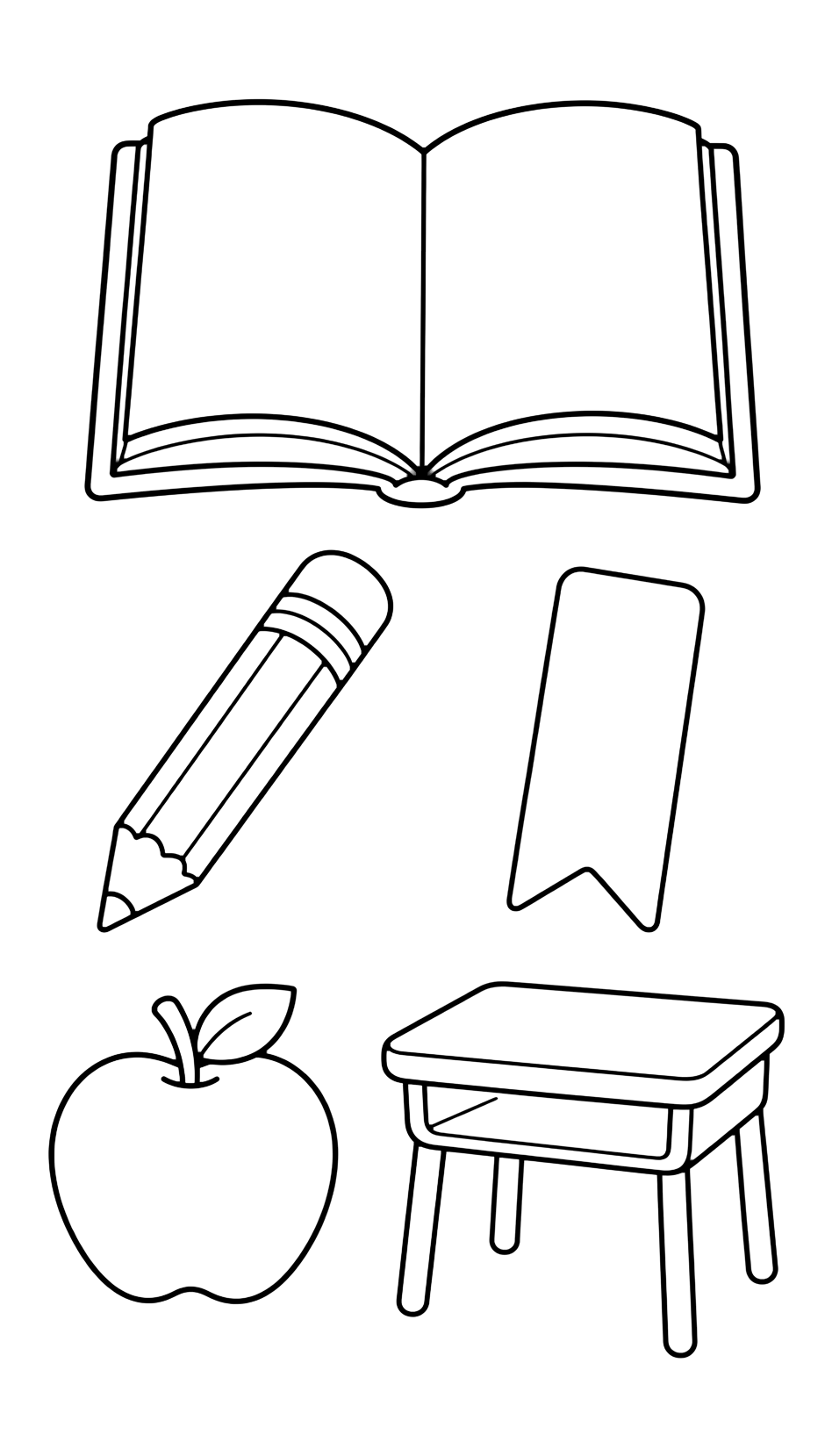 Dibujo para colorear con cinco iconos doodle grandes: libro abierto en blanco, lápiz afilado, marcapáginas simple, manzana y pupitre pequeño. Ideal para niños, actividades escolares, impresión y coloreado online.