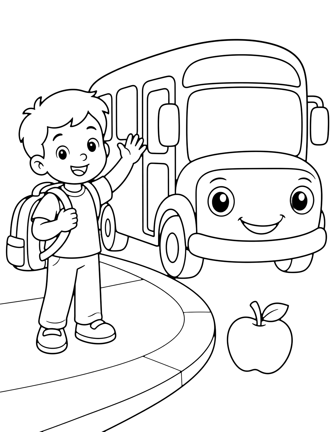 Dibujo para colorear con un niño de primer grado con mochila saluda junto a un autobús escolar amable, con curva de acera sencilla y una manzana en el suelo. Ideal para niños, actividades escolares, impresión y coloreado online.