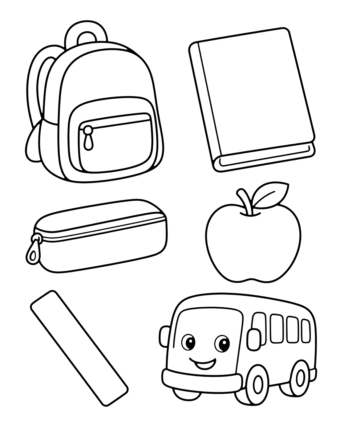 Dibujo para colorear con seis iconos doodle grandes: mochila, cuaderno de trabajo en blanco, estuche, manzana, regla sin marcas y autobús amable. Ideal para niños, actividades escolares, impresión y coloreado online.