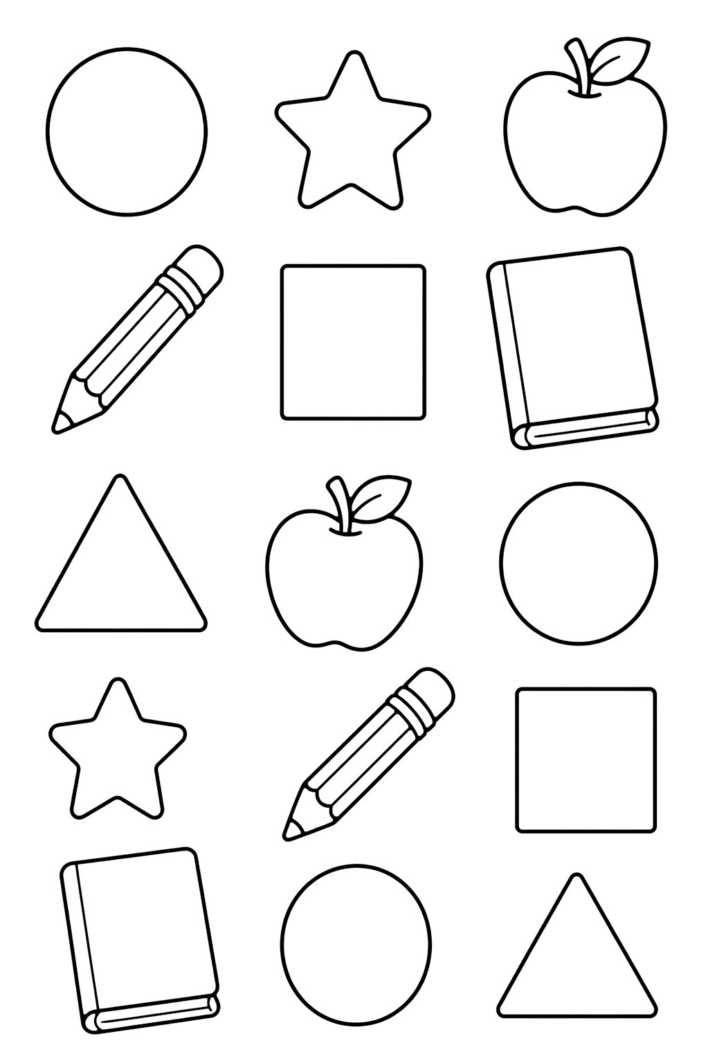 Dibujo para colorear con un patrón espacioso con formas grandes y objetos escolares: círculo, cuadrado, triángulo, estrella, manzana, lápiz y cuaderno en blanco. Ideal para niños, actividades escolares, impresión y coloreado online.