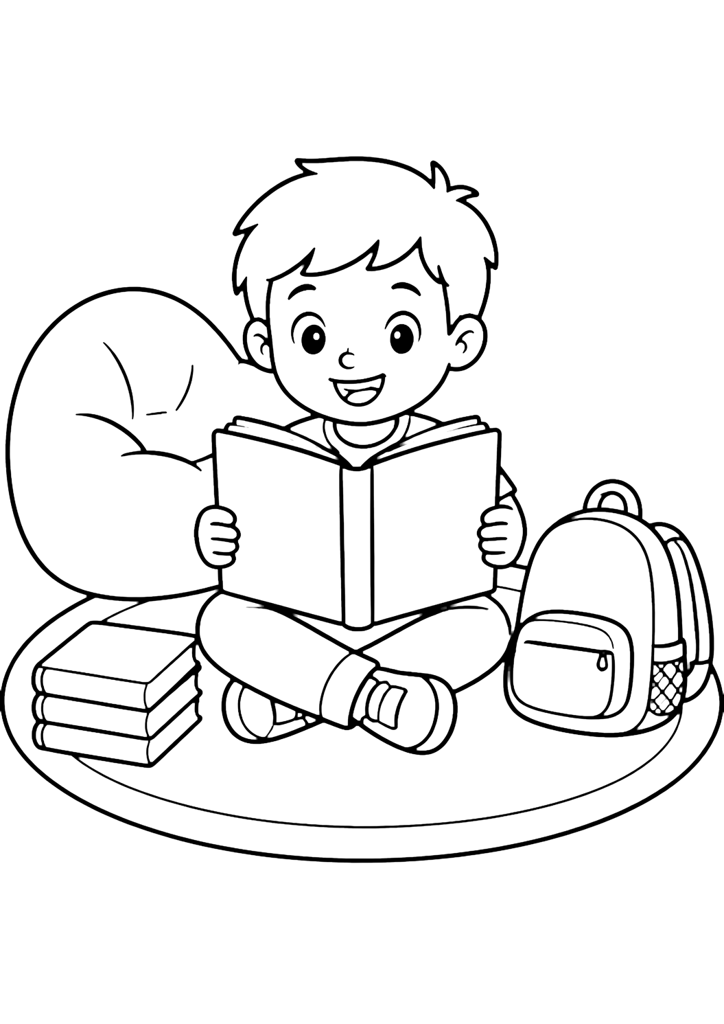 Disegno da colorare con un bambino di seconda classe seduto su un tappeto semplice dell'aula legge un libro aperto con pagine vuote, con una piccola pila di libri e uno zaino vicino. Adatto a bambini, scuola, stampa e colorazione online.