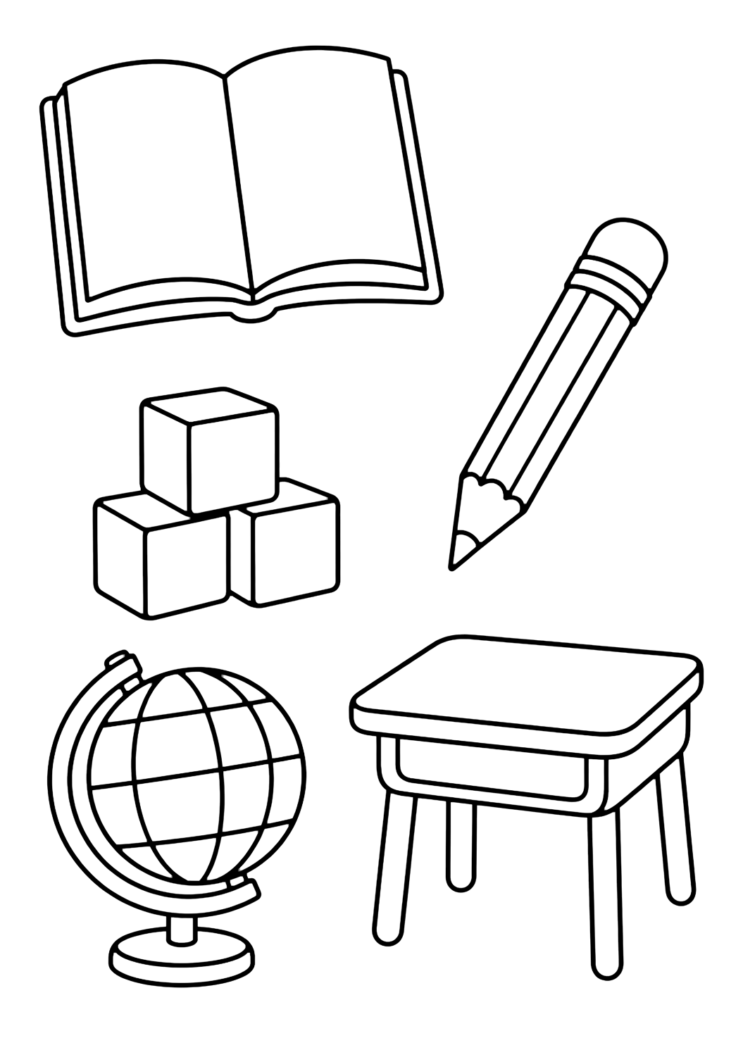 Картинка за оцветяване с пет големи отделни doodle икони с отворена празна книга, молив, три кубчета за броене, прост глобус без надписи и малък чин. Подходяща за деца, училищни занимания, принтиране и онлайн оцветяване.