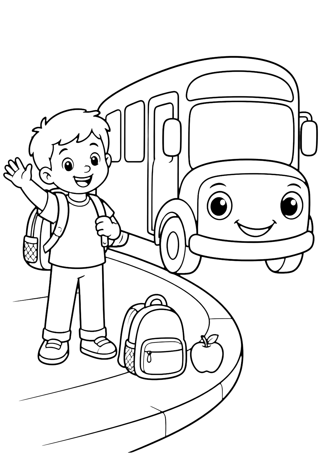 Coloriage avec un enfant souriant de CE1 fait signe près d'un bus scolaire arrondi et sympathique au côté vide, avec un sac simple et une pomme près du trottoir. Idéal pour enfants, rentrée scolaire, impression et coloriage en ligne.