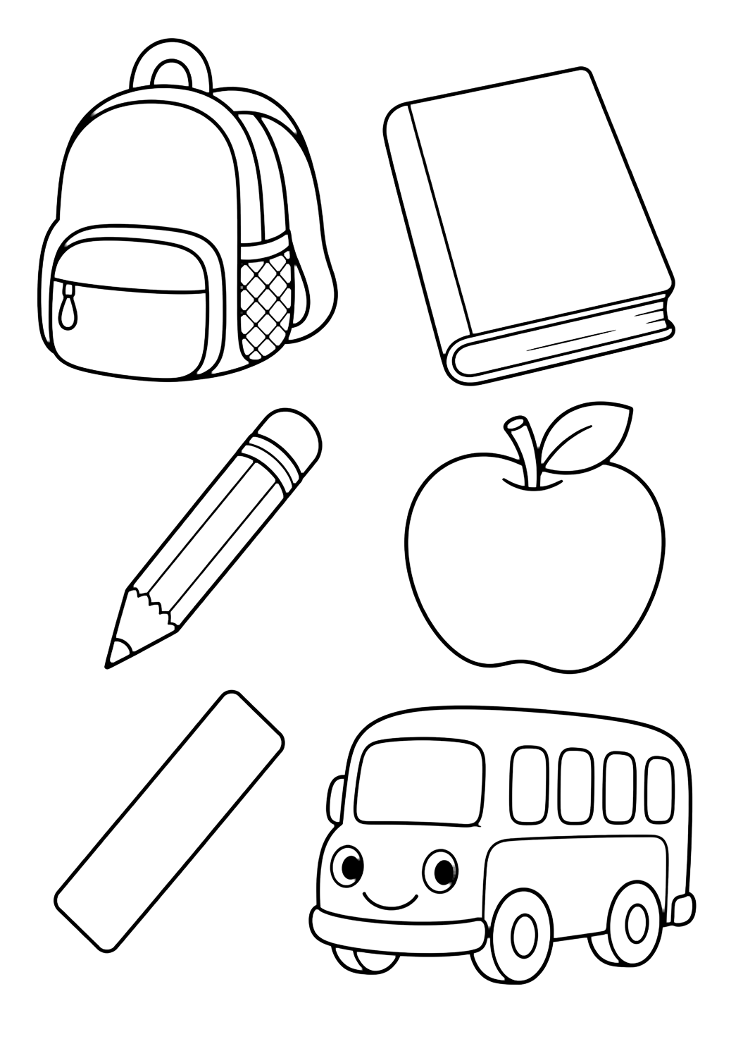 Картинка за оцветяване с шест големи отделни doodle икони с раница, празна книга, молив, ябълка, прост владетел без черти и приятелски училищен автобус с празна страна. Подходяща за деца, училищни занимания, принтиране и онлайн оцветяване.