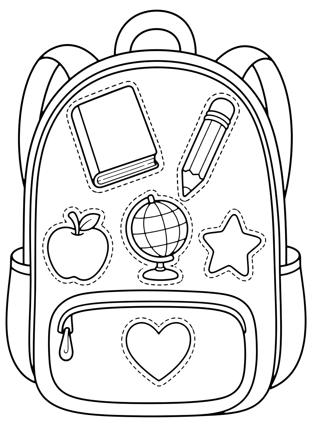 Картинка за оцветяване с голяма раница с прости doodle лепенки: празна книга, молив, глобус без надписи, ябълка, звезда и сърце. Подходяща за деца, училищни занимания, принтиране и онлайн оцветяване.