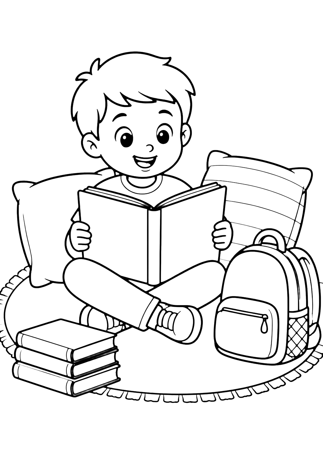 sade bir halıda oturup boş sayfalı açık kitap okuyan üçüncü sınıf çocuğu, yanında küçük kitap yığını ve çanta içeren boyama sayfası. Çocuklar, okul etkinlikleri, yazdırma ve çevrim içi boyama için uygundur.