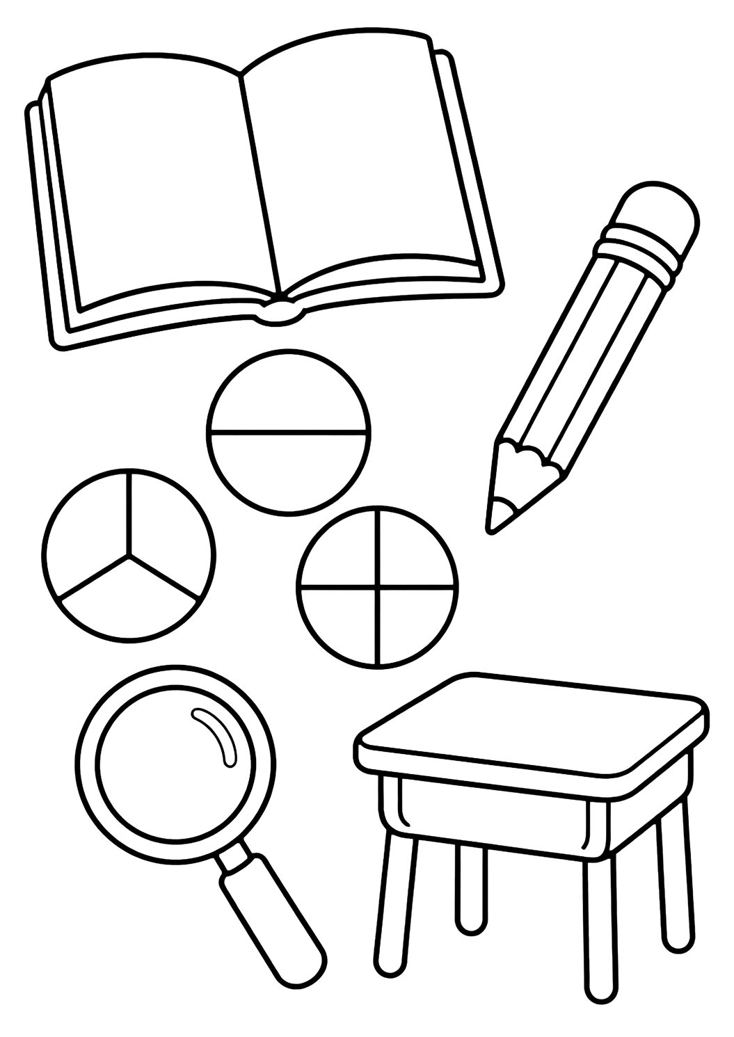 Картинка за оцветяване с пет големи отделни doodle икони с отворена празна книга, молив, три кръгови части за дроби, лупа и малък чин. Подходяща за деца, училищни занимания, принтиране и онлайн оцветяване.