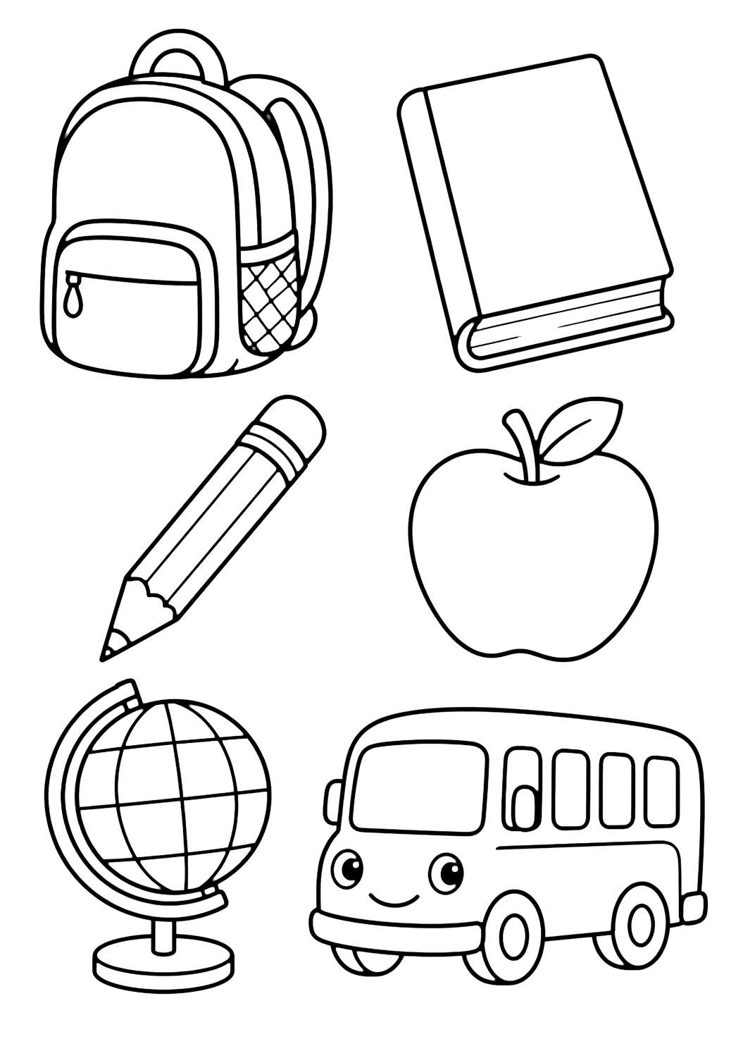 Картинка за оцветяване с шест големи отделни doodle икони с раница, празна книга, молив, ябълка, прост глобус без надписи и училищен автобус с празна страна. Подходяща за деца, училищни занимания, принтиране и онлайн оцветяване.