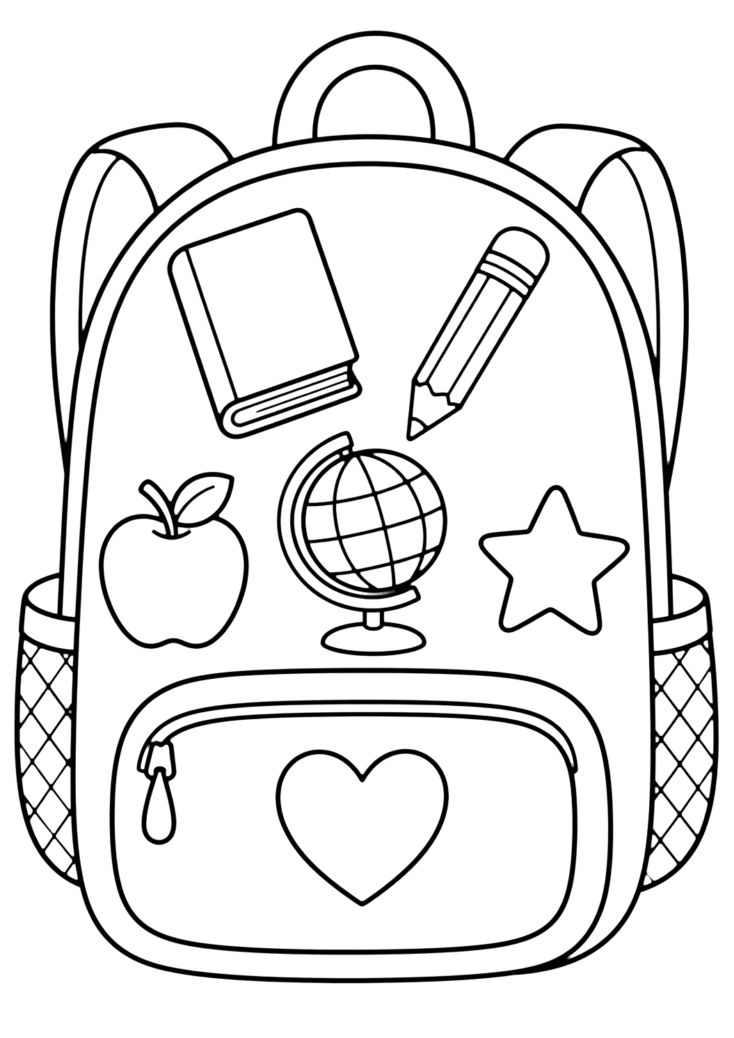 Ausmalbild mit ein großer Rucksack mit einfachen Doodle-Aufnähern: leeres Buch, Bleistift, Globus ohne Beschriftung, Apfel, Stern und Herz. Geeignet für Kinder, Schulstart, Ausdrucke und Online-Ausmalen.