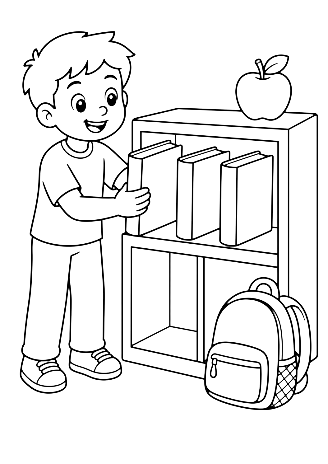 Ausmalbild mit ein lächelndes Kind der 4. Klasse stellt drei Bücher mit leeren Umschlägen in ein einfaches Regal, mit Rucksack am Boden und Apfel oben. Geeignet für Kinder, Schulstart, Ausdrucke und Online-Ausmalen.