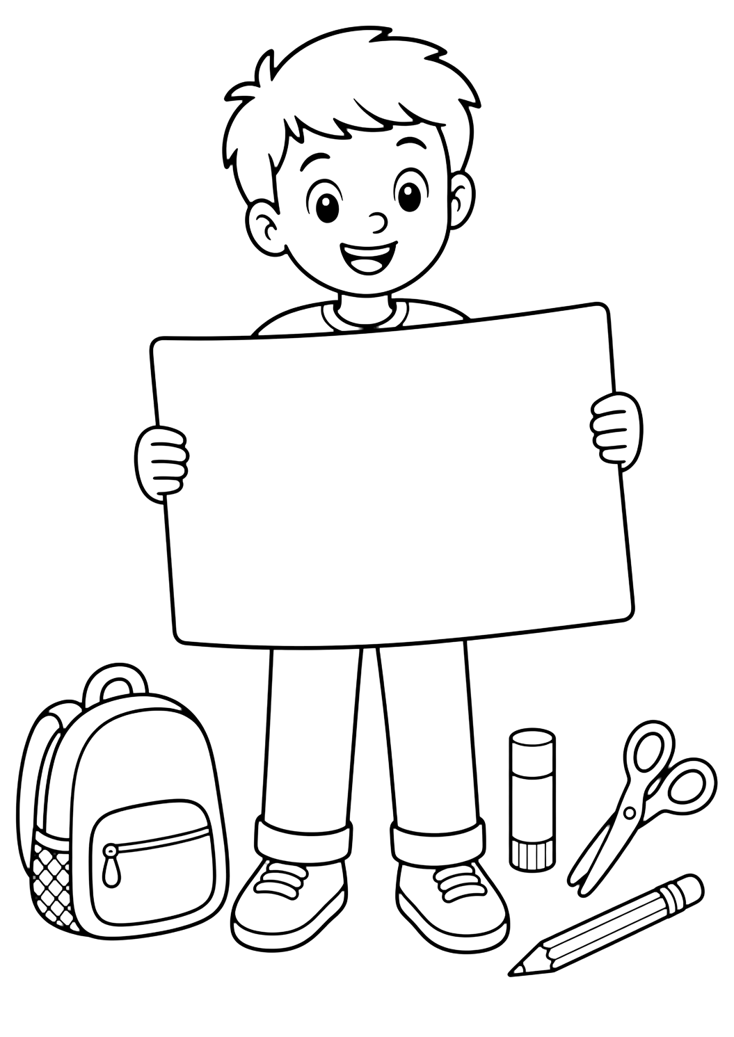 Ausmalbild mit ein lächelndes Kind der 4. Klasse hält ein großes leeres Projektplakat, daneben Klebestift, Sicherheitsschere, Bleistift und Rucksack. Geeignet für Kinder, Schulstart, Ausdrucke und Online-Ausmalen.