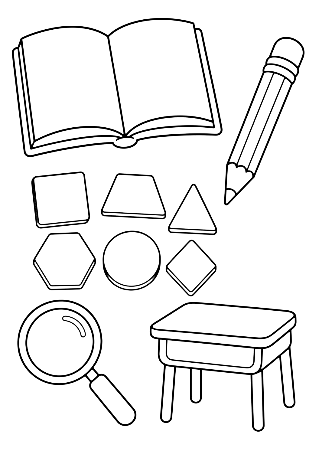 Disegno da colorare con cinque grandi icone doodle separate con libro aperto vuoto, matita, tre forme geometriche, lente e piccolo banco. Adatto a bambini, scuola, stampa e colorazione online.