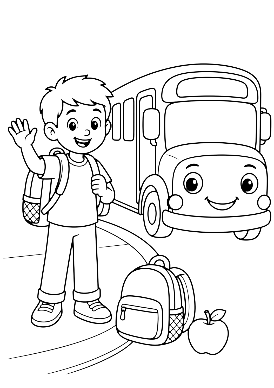 Ausmalbild mit ein lächelndes Kind der 4. Klasse winkt neben einem freundlichen runden Schulbus mit leerer Seite, mit einfachem Rucksack und Apfel am Gehweg. Geeignet für Kinder, Schulstart, Ausdrucke und Online-Ausmalen.