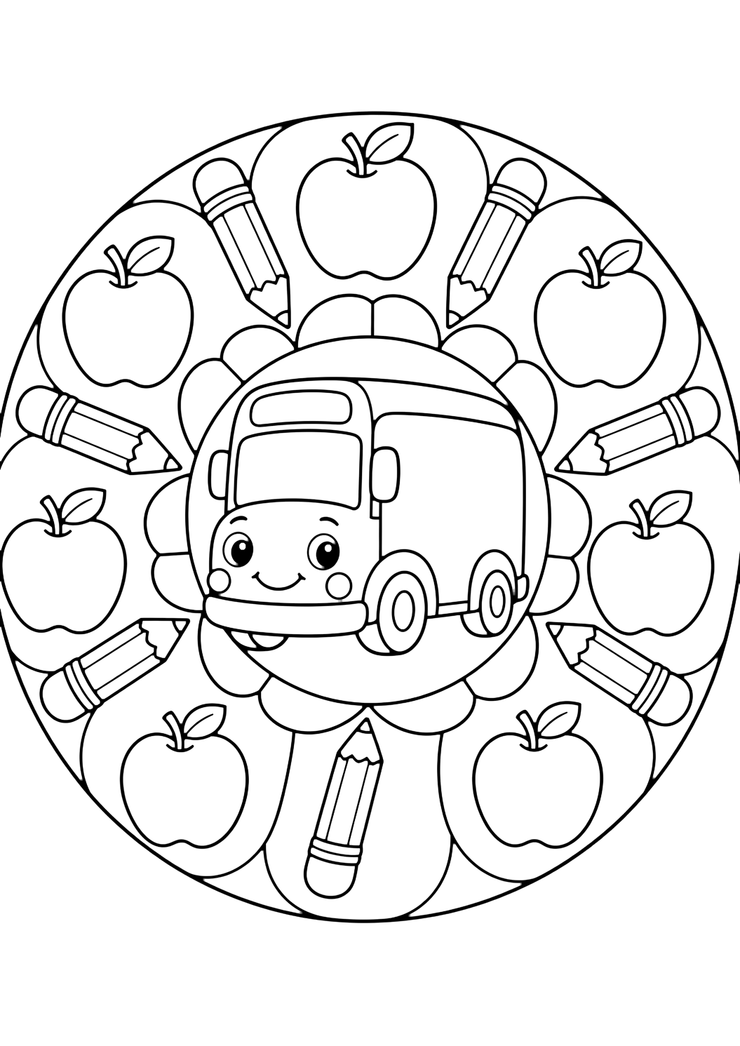 Ausmalbild mit ein einfaches rundes Mandala mit freundlichem Schulbus in der Mitte und großen Äpfeln und Bleistiften in einem ruhigen Kreis. Geeignet für Kinder, Schulstart, Ausdrucke und Online-Ausmalen.