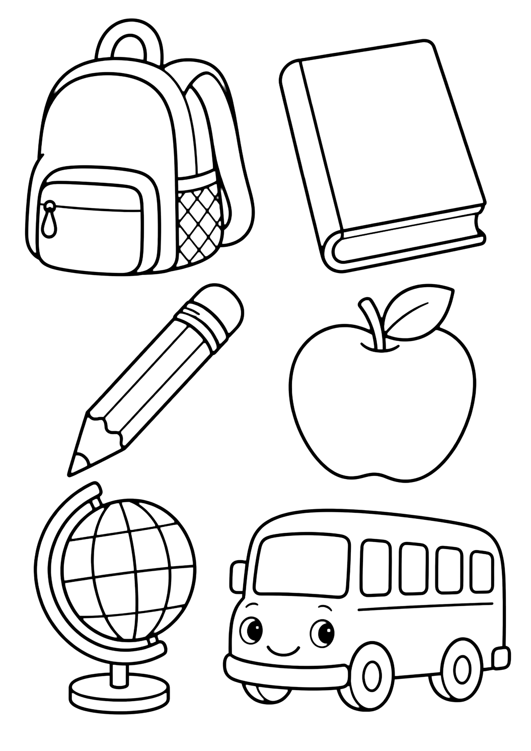 Картинка за оцветяване с шест големи отделни doodle икони с раница, празна книга, молив, ябълка, прост глобус без надписи и училищен автобус с празна страна. Подходяща за деца, училищни занимания, принтиране и онлайн оцветяване.