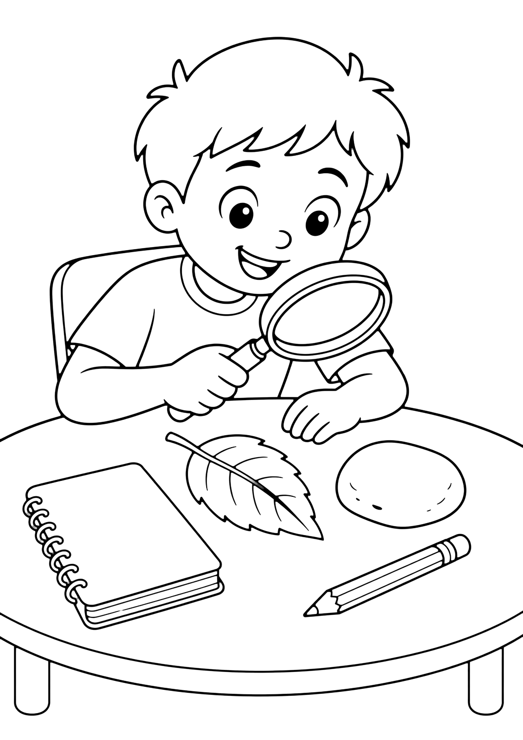 Dibujo para colorear con un niño sonriente de cuarto grado mira una hoja y una roca lisa con una lupa grande, con un cuaderno de ciencias en blanco y un lápiz cerca. Ideal para niños, actividades escolares, impresión y coloreado online.