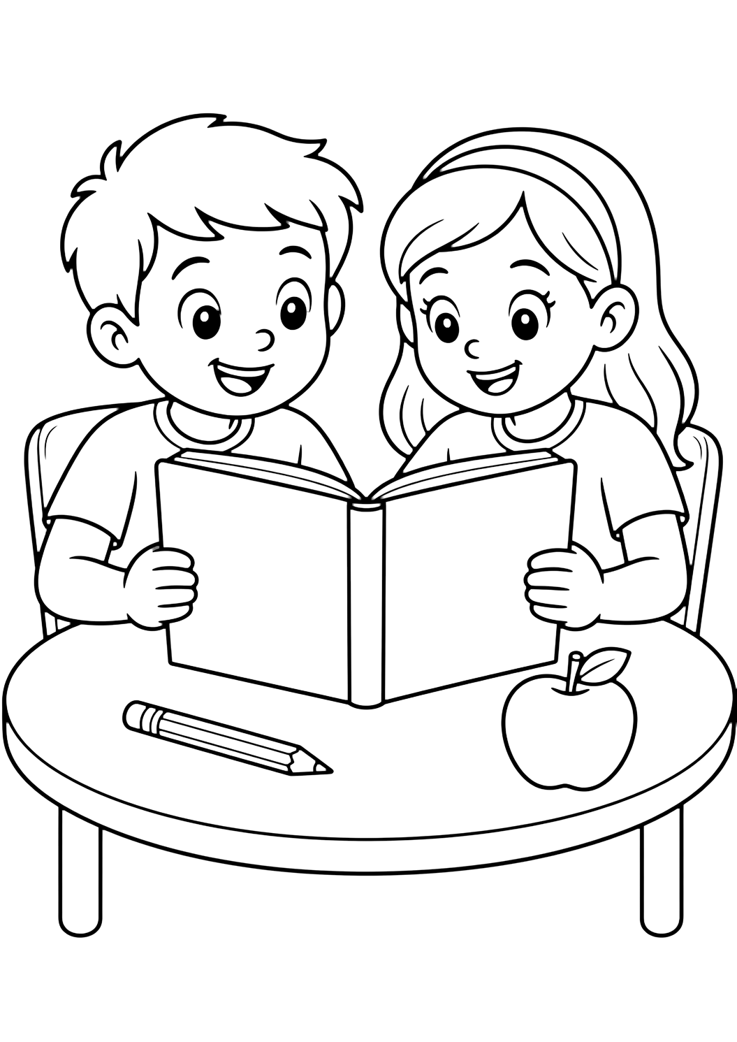 4th grade shared reading coloring page with two smiling fourth grade children sharing one large blank chapter book at a simple classroom table, with one pencil and one apple on the table for kids