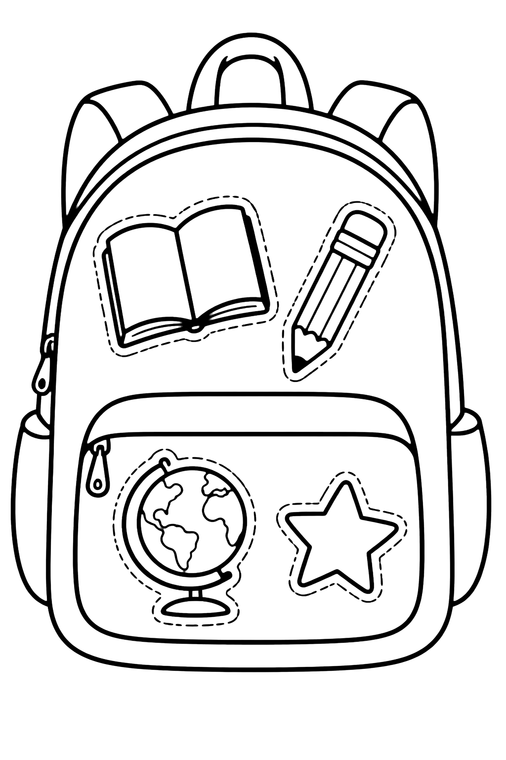 Ausmalbild mit ein großer Rucksack mit einfachen Doodle-Aufnähern: leeres Buch, Bleistift, Globus ohne Beschriftung, Apfel, Stern und Herz. Geeignet für Kinder, Schulstart, Ausdrucke und Online-Ausmalen.