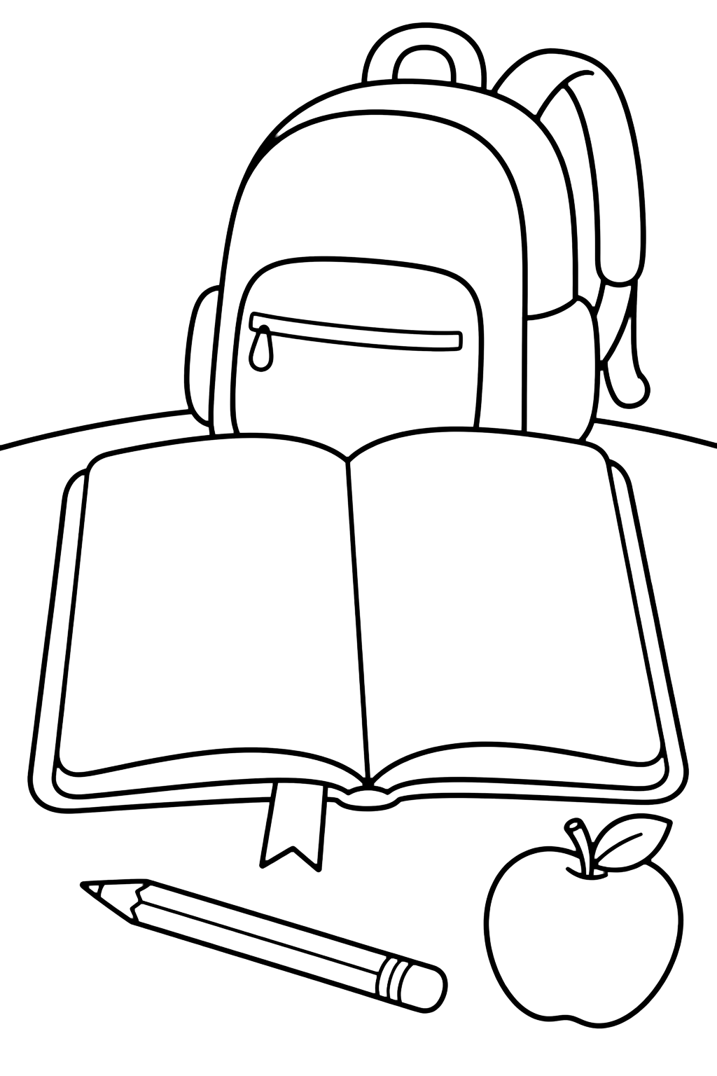 Ausmalbild mit ein großes offenes leeres Journal auf einem einfachen Tisch mit Bleistift, Radiergummi, kleinem Rucksack und Apfel. Geeignet für Kinder, Schulstart, Ausdrucke und Online-Ausmalen.
