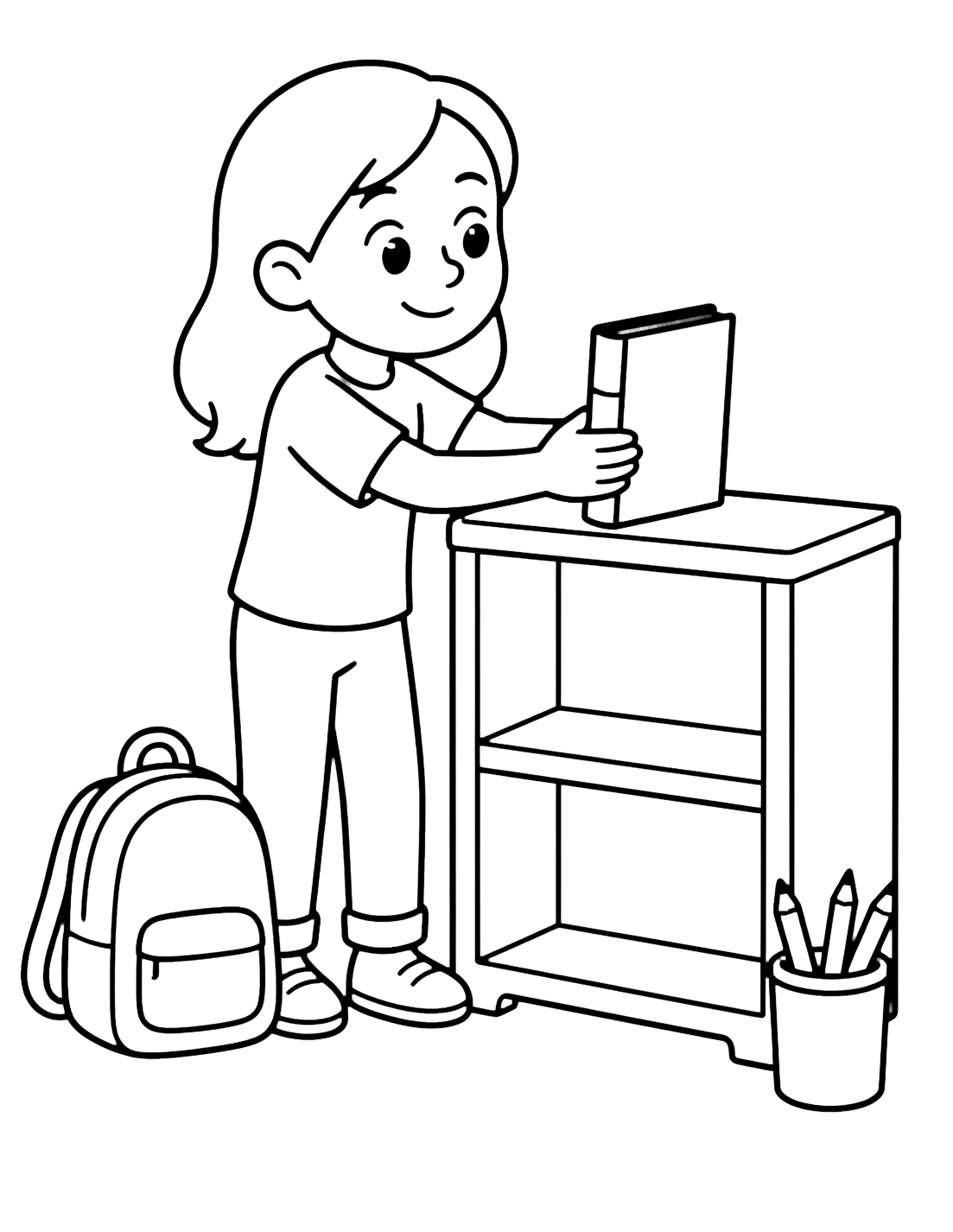 Ausmalbild mit ein lächelndes Kind der 5. Klasse stellt drei Bücher mit leeren Umschlägen in ein einfaches Regal, mit Rucksack am Boden und Apfel oben. Geeignet für Kinder, Schulstart, Ausdrucke und Online-Ausmalen.
