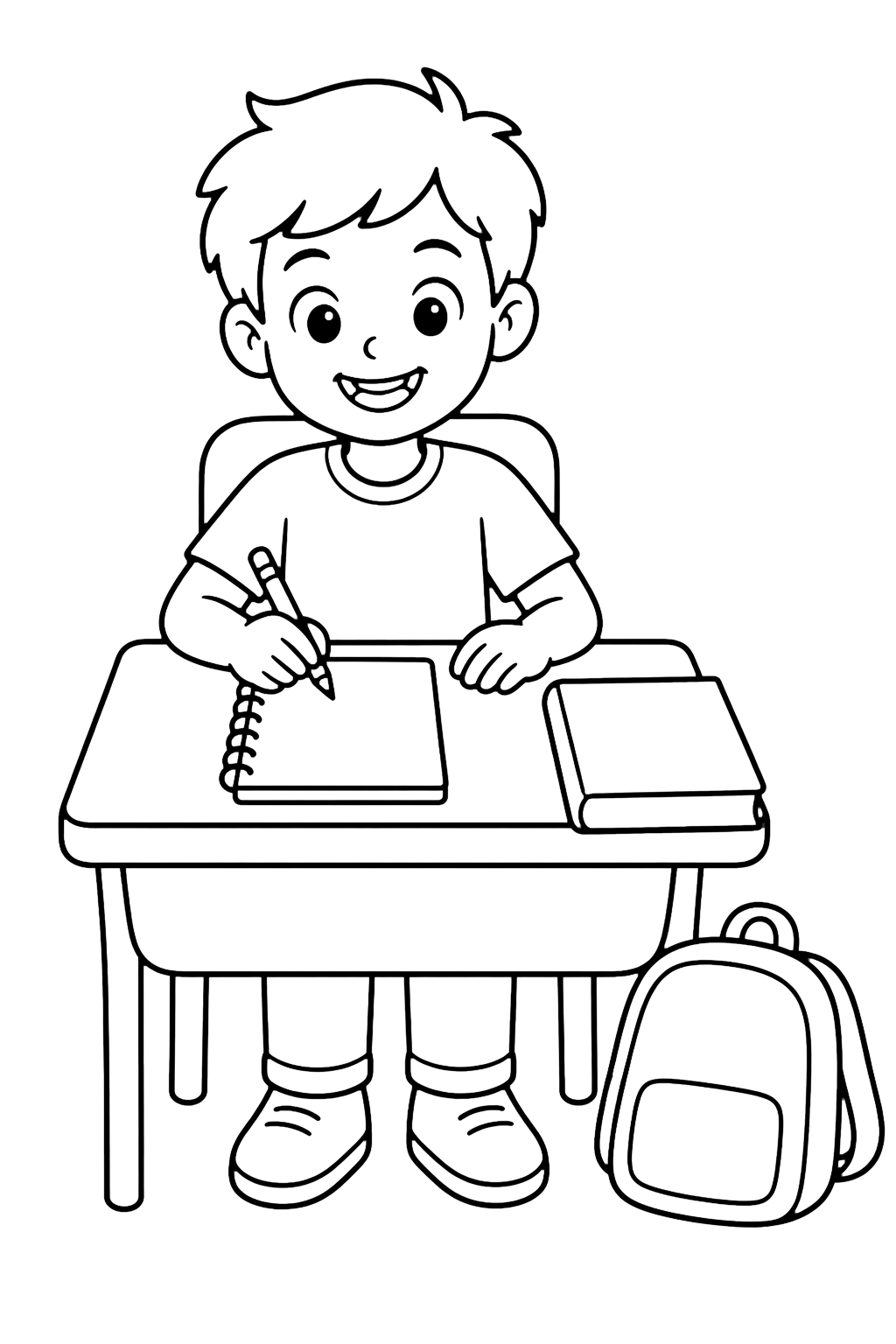 Ausmalbild mit ein lächelndes Kind der 5. Klasse am Schultisch mit Bleistift, leerem Heft, geschlossenem Buch mit leerem Umschlag und Rucksack neben dem Tisch. Geeignet für Kinder, Schulstart, Ausdrucke und Online-Ausmalen.