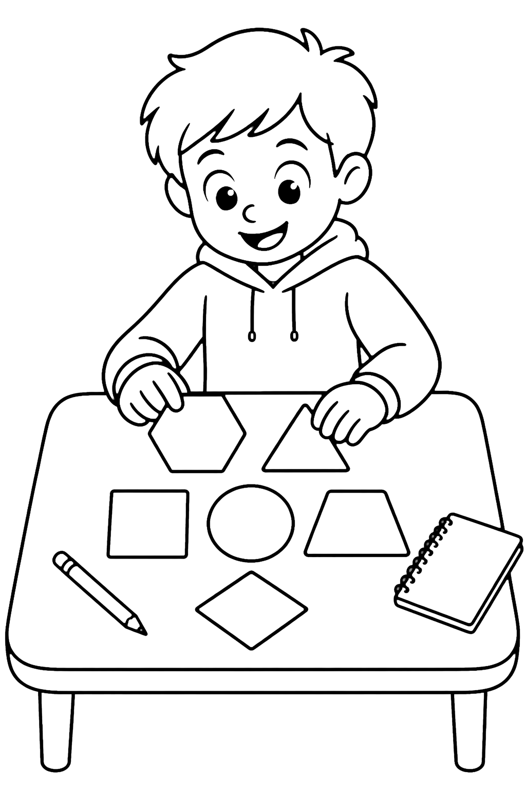 Ausmalbild mit ein lächelndes Kind der 5. Klasse ordnet sechs große Geometrieformen an einem einfachen Tisch, daneben ein Bleistift und ein leeres Heft. Geeignet für Kinder, Schulstart, Ausdrucke und Online-Ausmalen.