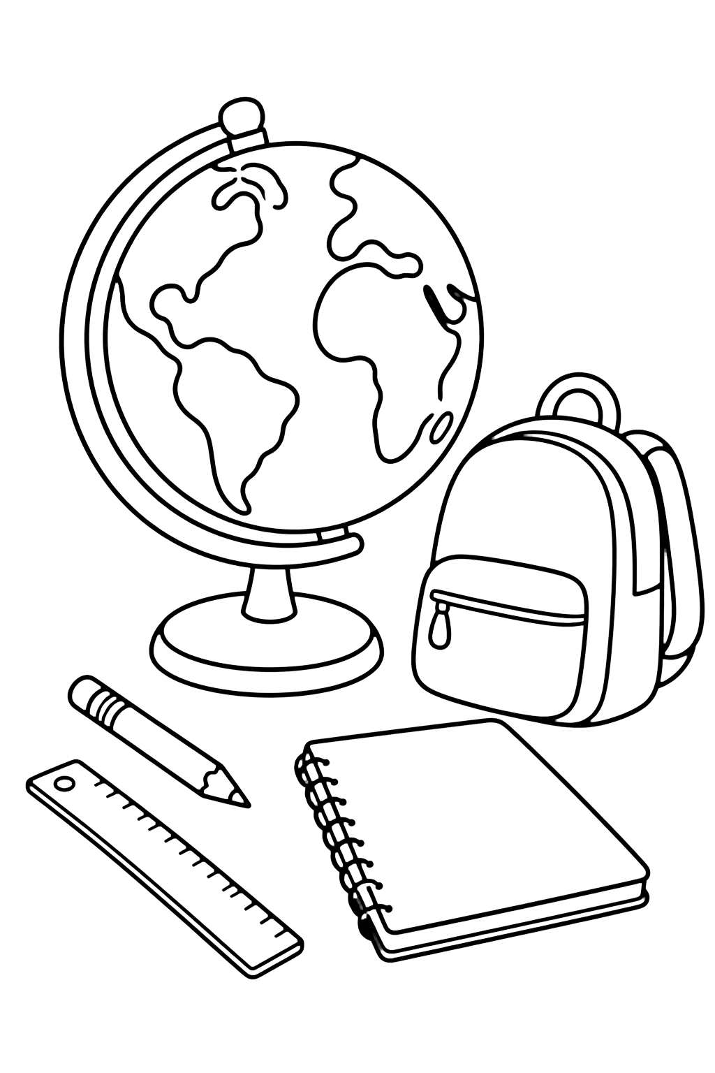 5th grade globe and supplies coloring page with one large simple globe without labels, one blank notebook, one pencil, one backpack, and one apple arranged with lots of white space for kids