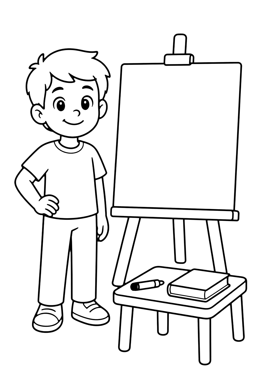 Ausmalbild mit ein lächelndes Kind der 5. Klasse hält ein großes leeres Projektplakat, daneben Klebestift, Sicherheitsschere, Bleistift und Rucksack. Geeignet für Kinder, Schulstart, Ausdrucke und Online-Ausmalen.