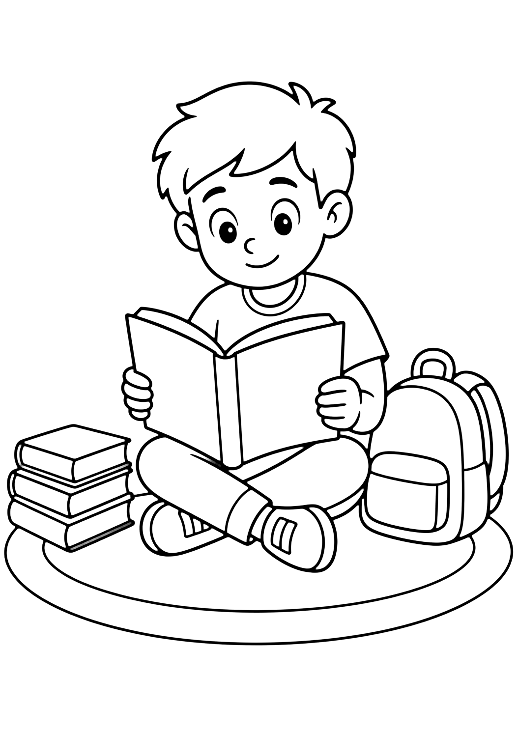 Ausmalbild mit ein Kind der 5. Klasse sitzt auf einem einfachen Teppich und liest ein offenes Buch mit leeren Seiten, daneben ein kleiner Bücherstapel und ein Rucksack. Geeignet für Kinder, Schulstart, Ausdrucke und Online-Ausmalen.