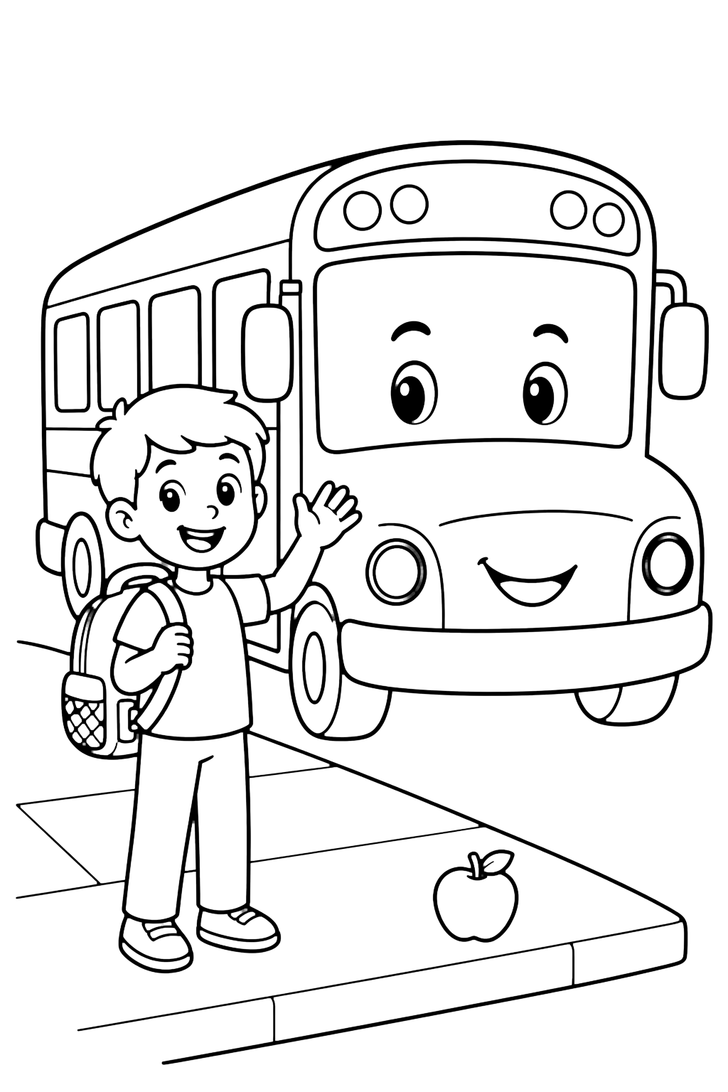 Ausmalbild mit ein lächelndes Kind der 5. Klasse winkt neben einem freundlichen runden Schulbus mit leerer Seite, mit einfachem Rucksack und Apfel am Gehweg. Geeignet für Kinder, Schulstart, Ausdrucke und Online-Ausmalen.