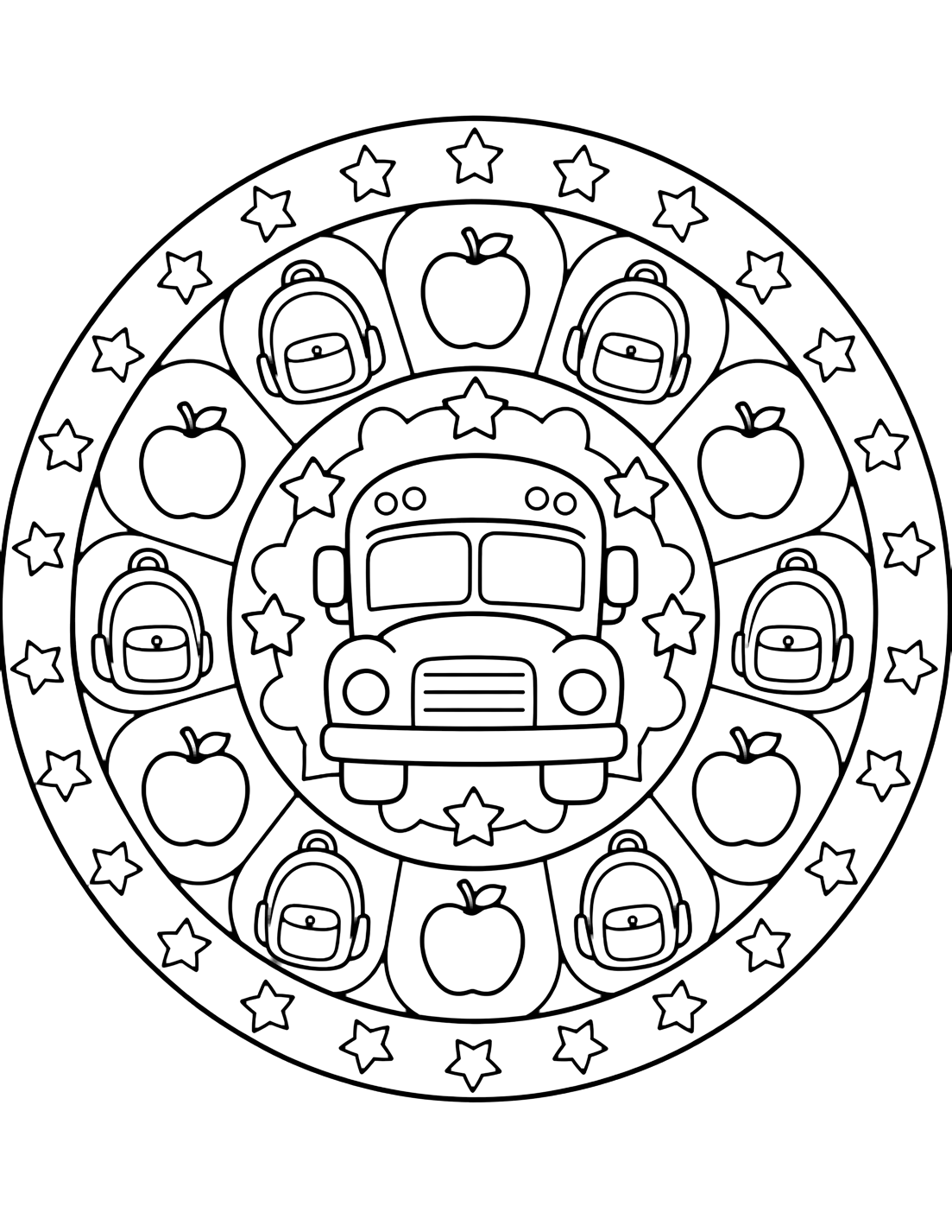 Ausmalbild mit ein einfaches rundes Mandala mit freundlichem Schulbus in der Mitte und großen Äpfeln und Bleistiften in einem ruhigen Kreis. Geeignet für Kinder, Schulstart, Ausdrucke und Online-Ausmalen.