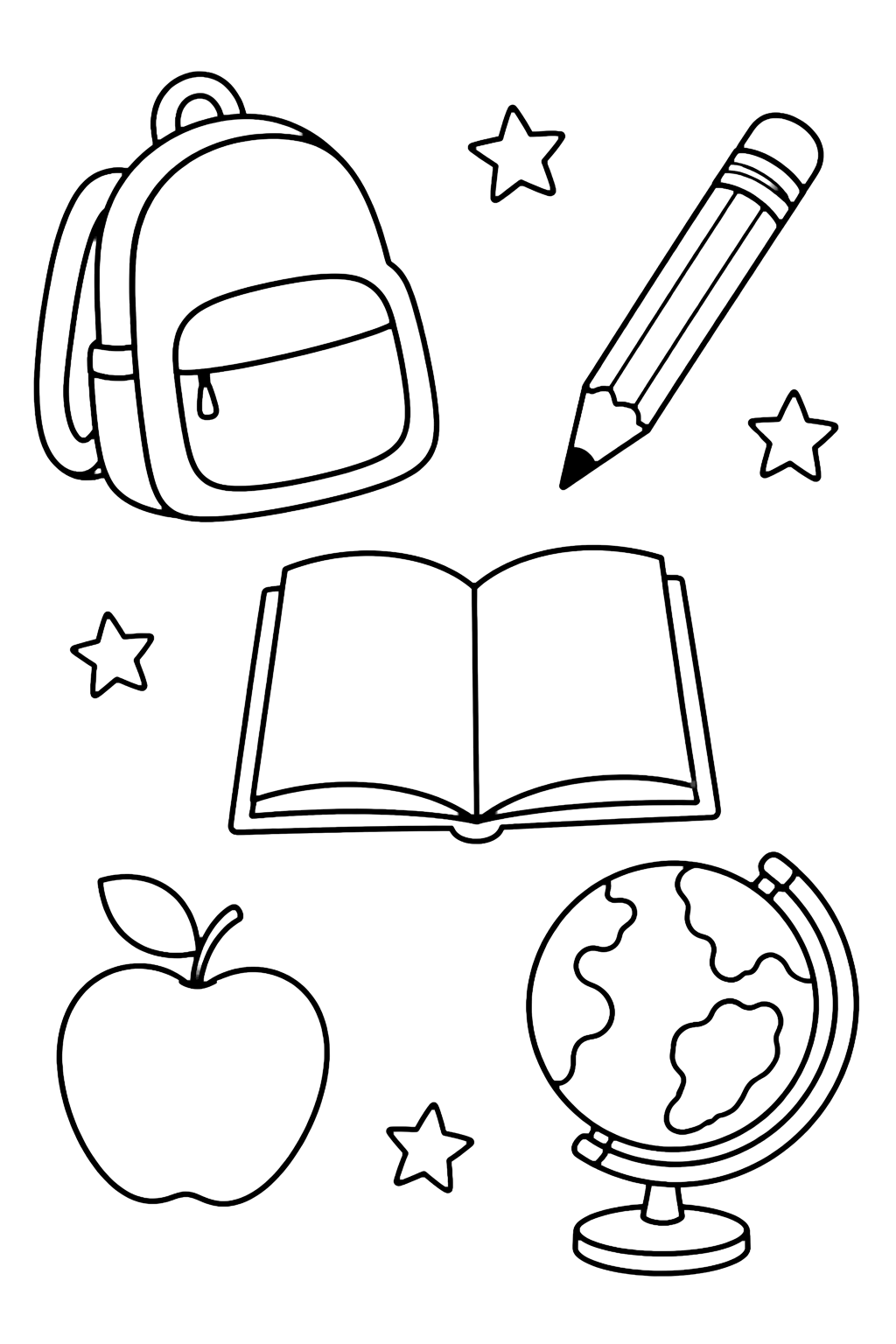 Картинка за оцветяване с шест големи отделни doodle икони с раница, празна книга, молив, ябълка, прост глобус без надписи и училищен автобус с празна страна. Подходяща за деца, училищни занимания, принтиране и онлайн оцветяване.