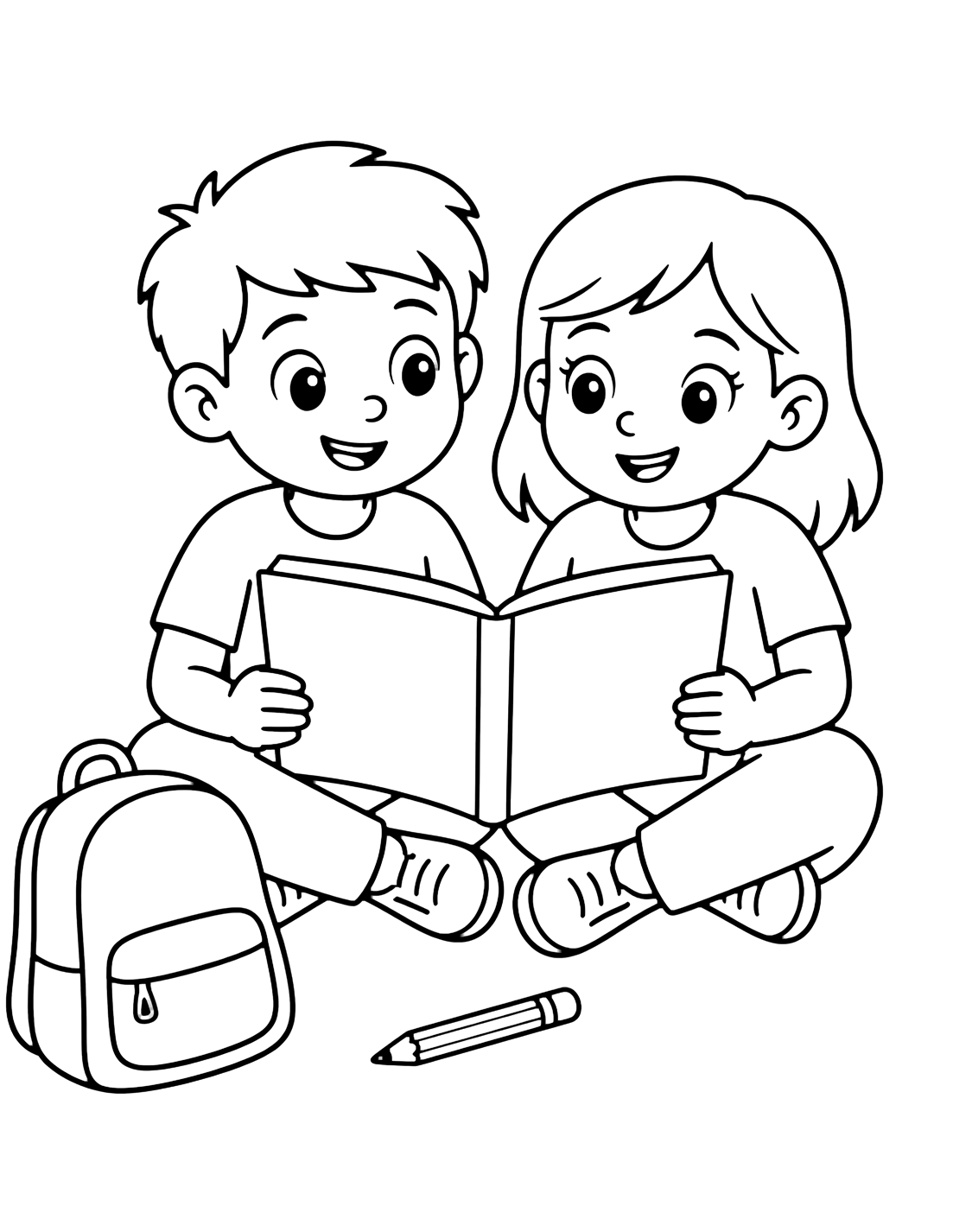 5th grade shared reading coloring page with two smiling fifth grade children sharing one large blank chapter book at a simple classroom table, with one pencil and one apple on the table for kids