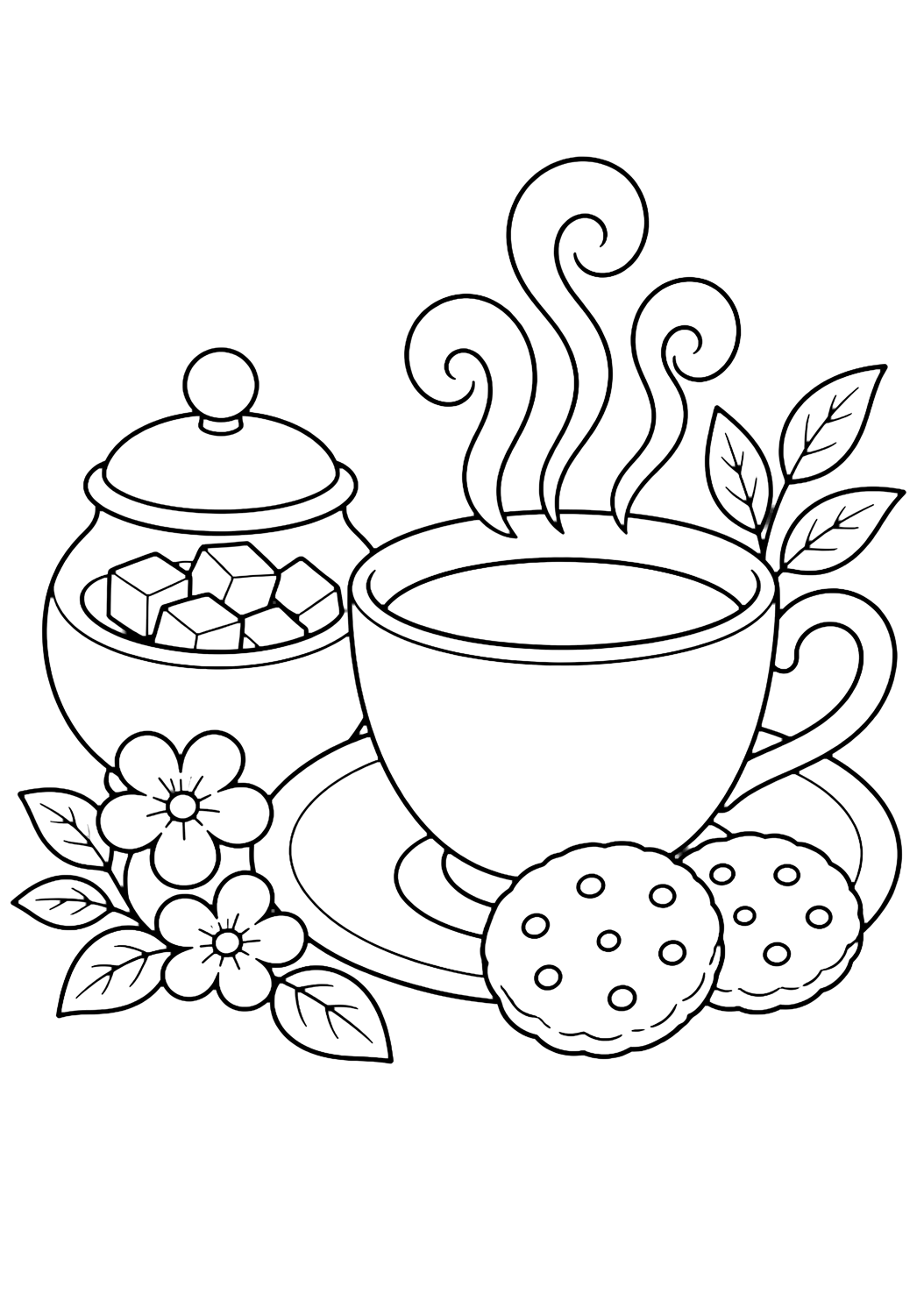 afternoon tea cup coloring page with simple tea line art for kids